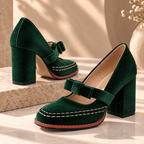 Women's Velvet Mary Jane Heels with Bow Strap & Block Heel