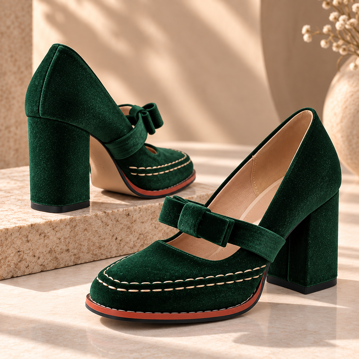 Women's Velvet Mary Jane Heels with Bow Strap & Block Heel
