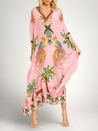 Women's Tropical Print Caftan Maxi Dress with Sequin V-Neck & Drop Shoulder Sleeves — Millie