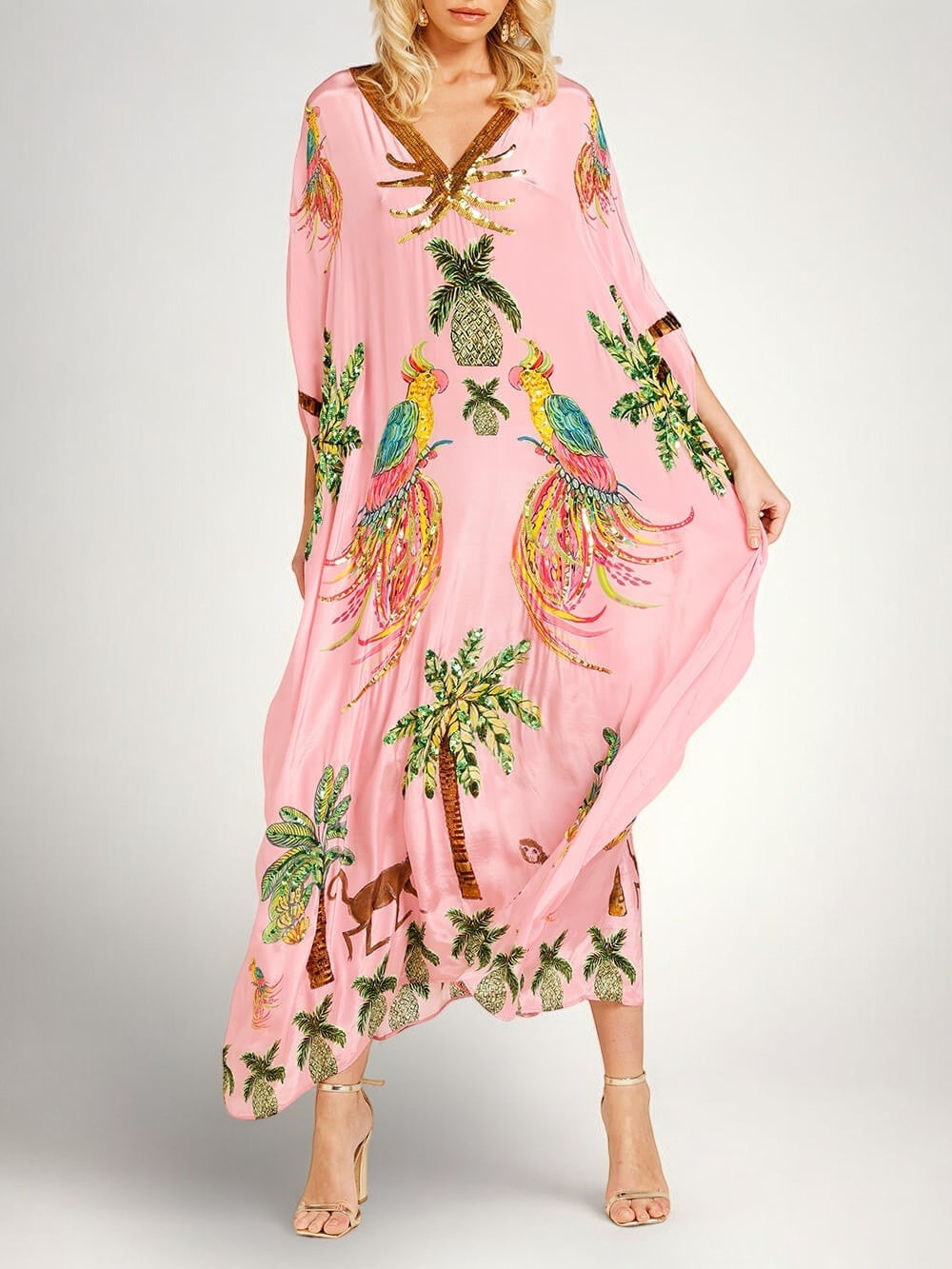 Women's Tropical Print Caftan Maxi Dress with Sequin V-Neck & Drop Shoulder Sleeves — Millie