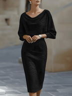 Women's Round Neck Midi Dress with Blouson Sleeves & Fitted Waist — Josephine