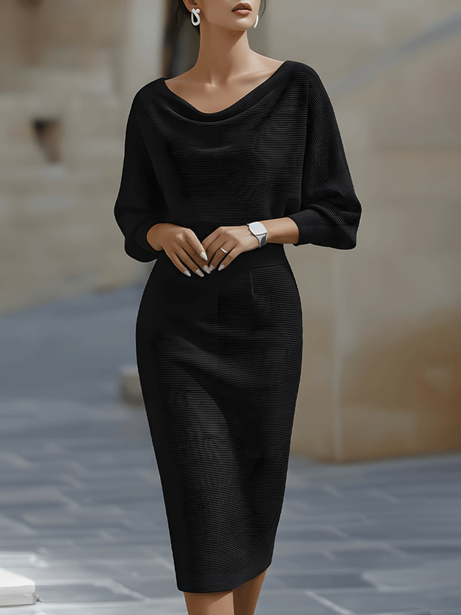 Women's Round Neck Midi Dress with Blouson Sleeves & Fitted Waist — Josephine