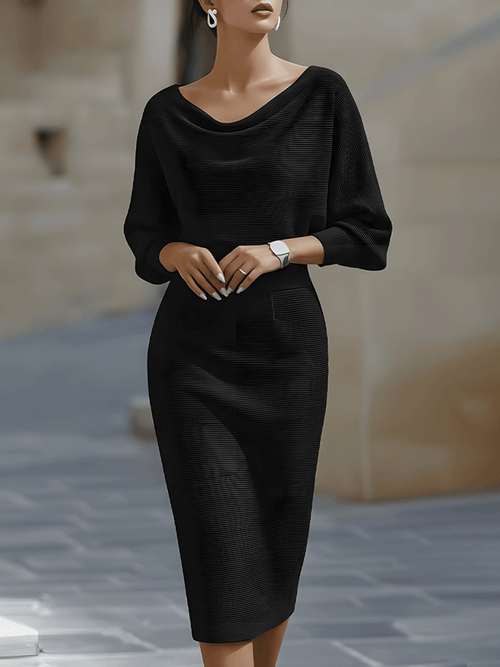 Women's Round Neck Midi Dress with Blouson Sleeves & Fitted Waist — Josephine