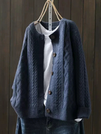 Navy Blue Blue Women's Cable Knit Cardigan — Sloane Button-Front Oversized Crew Neck