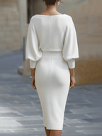 Women's Round Neck Midi Dress with Blouson Sleeves & Fitted Waist — Josephine