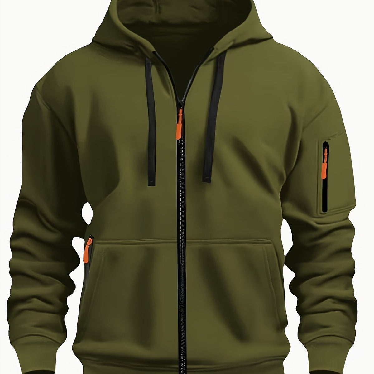 Army Green Men's Hooded Jacket with Zip-Up Front & Multi-Pocket Design