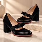 Women's Velvet Mary Jane Heels with Bow Strap & Block Heel