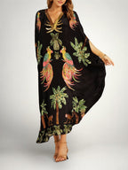 Women's Tropical Print Caftan Maxi Dress with Sequin V-Neck & Drop Shoulder Sleeves — Millie