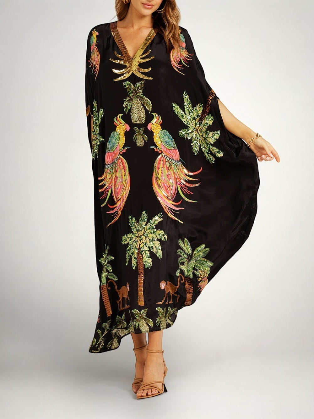 Women's Tropical Print Caftan Maxi Dress with Sequin V-Neck & Drop Shoulder Sleeves — Millie