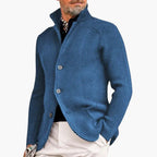Deep Blue 2 Men's Ribbed Knit Cardigan — Declan Relaxed-Fit Button-Front Stand Collar