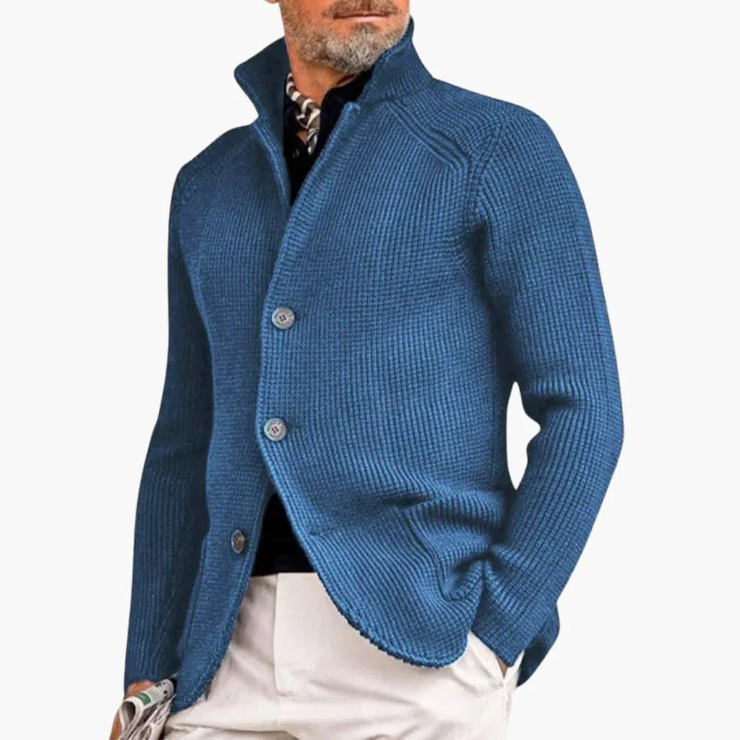 Deep Blue 2 Men's Ribbed Knit Cardigan — Declan Relaxed-Fit Button-Front Stand Collar