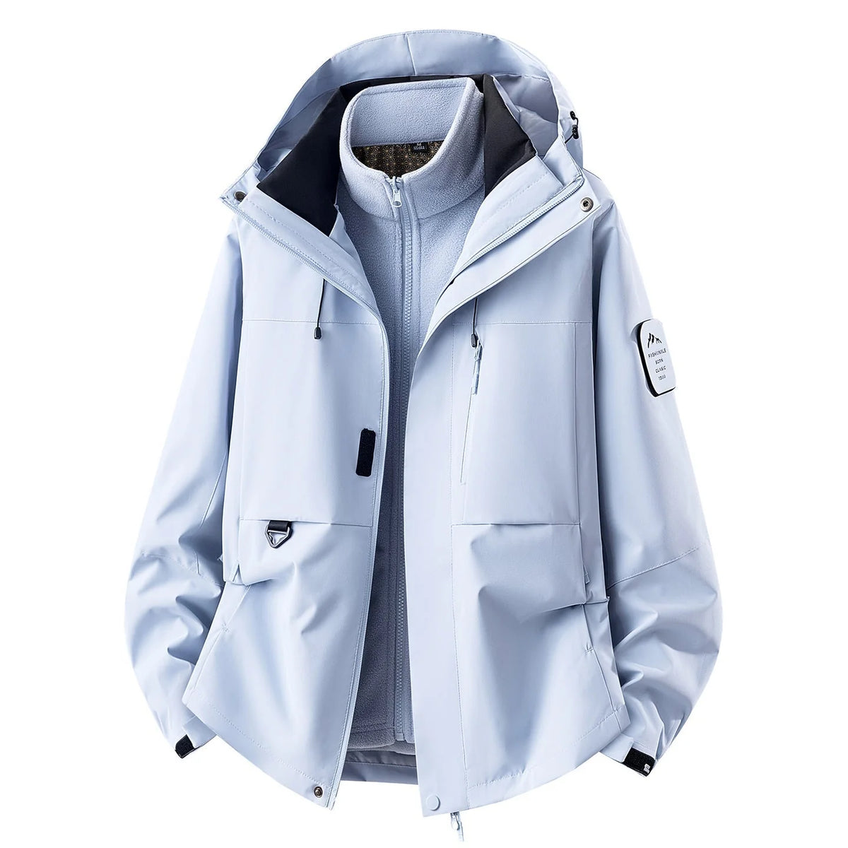 Moonlight Blue Women's Outdoor Jacket with Detachable Fleece Liner & Adjustable Hood - Front Open Pale Tone