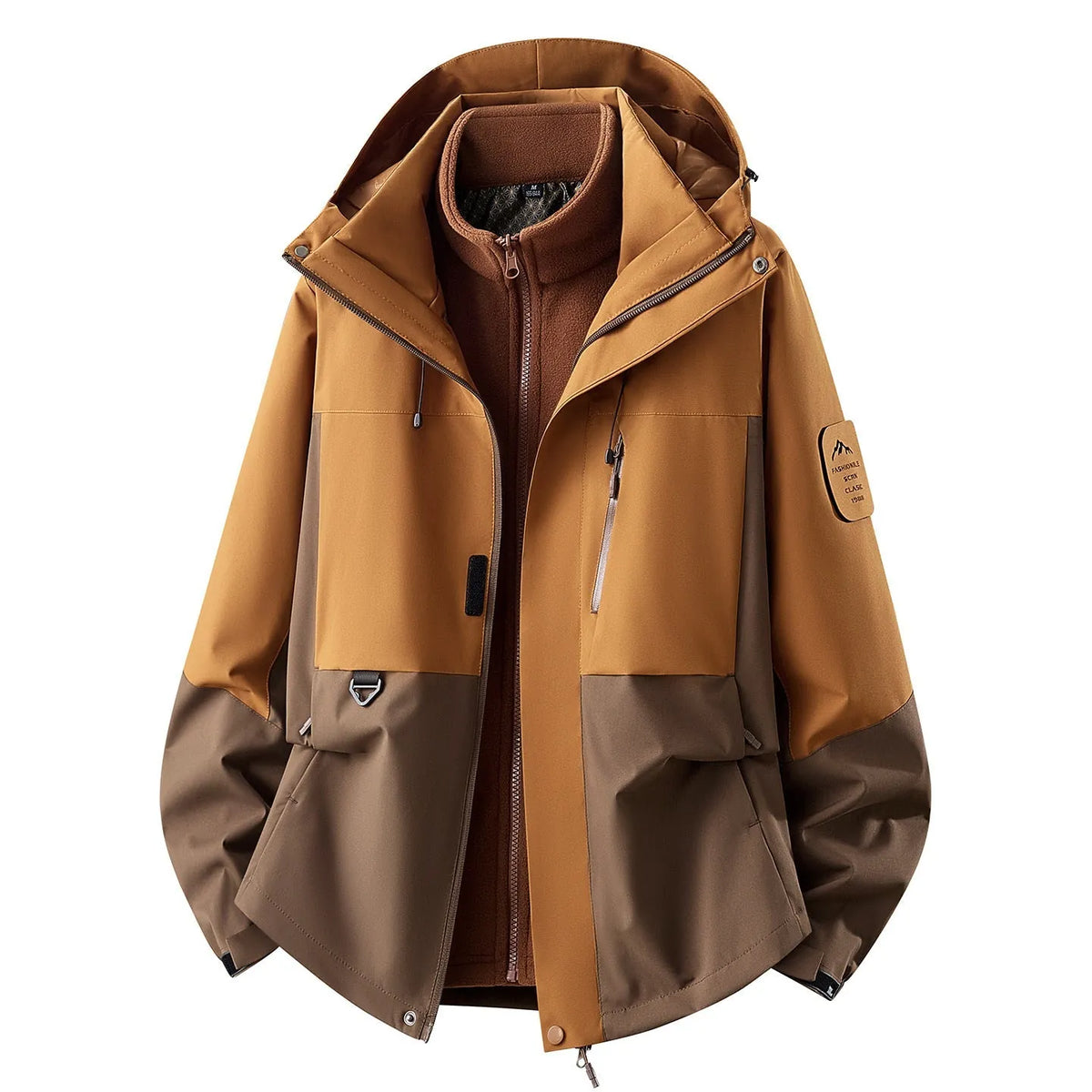 Brown Women's Outdoor Jacket with Detachable Fleece Liner & Adjustable Hood