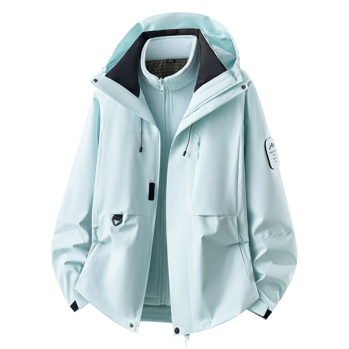 Crystal Green Women's Outdoor Jacket with Detachable Fleece Liner & Adjustable Hood - Front Open Hood Up