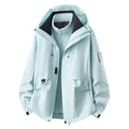Women's Outdoor Jacket with Detachable Fleece Liner & Adjustable Hood - Green Front Open Mountain Patch