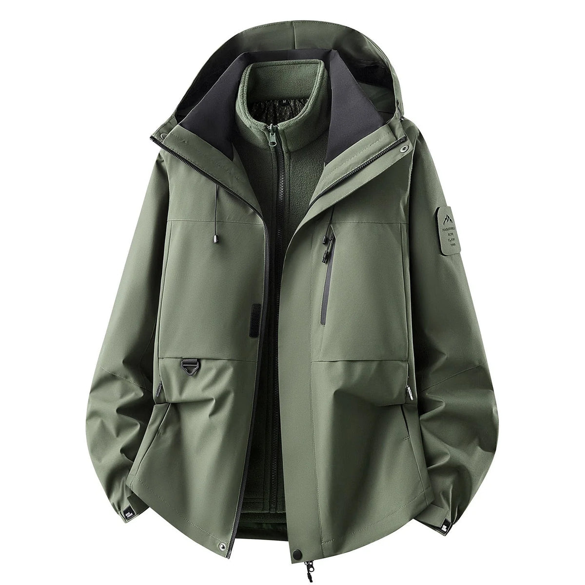 Olive Green Women's Outdoor Jacket with Detachable Fleece Liner & Adjustable Hood - Front Open Tone