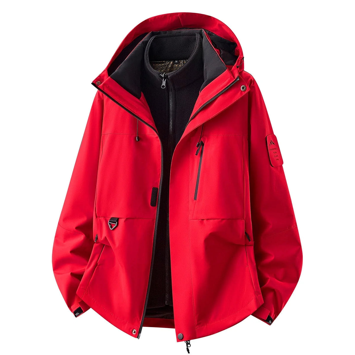 Bright Red Women's Outdoor Jacket with Detachable Fleece Liner & Adjustable Hood