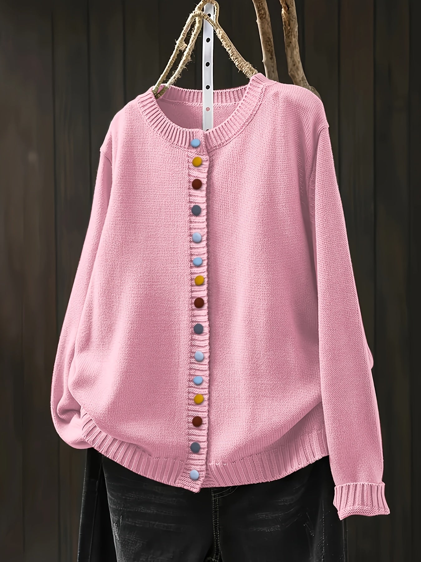 Light Pink Pink Women's Colorful Knit Cardigan — Nola Button-Front Crew Neck Oversized