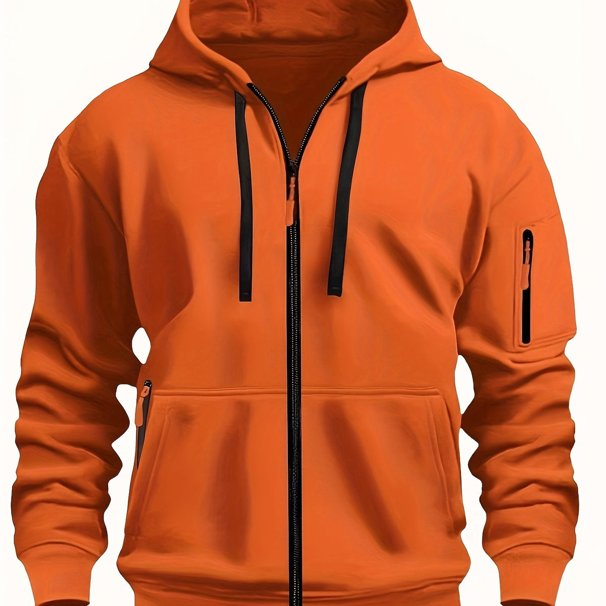 Orange Red Men's Hooded Jacket with Zip-Up Front & Multi-Pocket Design
