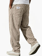 Khaki Men's Relaxed Corduroy Pants with Adjustable Drawstring Waist & Back Pockets