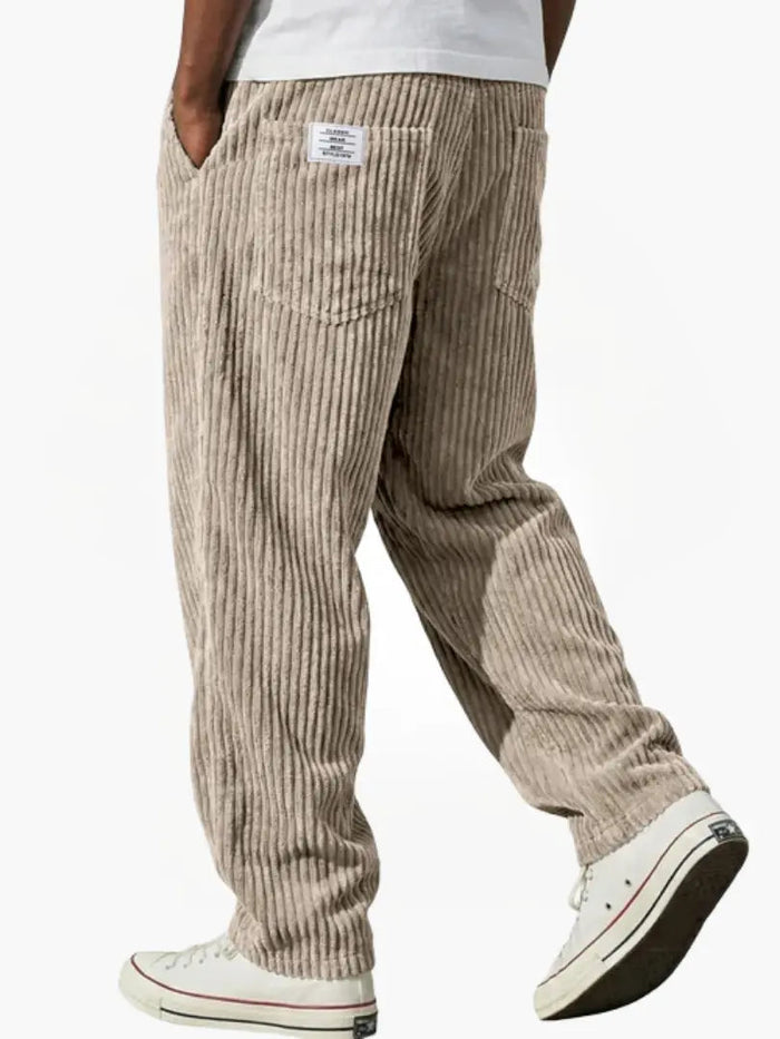 Khaki Men's Relaxed Corduroy Pants with Adjustable Drawstring Waist & Back Pockets
