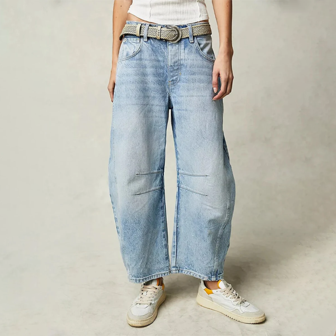 Light Blue Women's High-Waisted Barrel Leg Jeans — Dot Denim Curved-Seam Relaxed