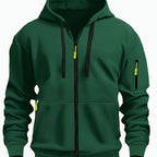 Dark Green Men's Hooded Jacket with Zip-Up Front & Multi-Pocket Design
