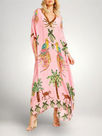 Women's Tropical Print Caftan Maxi Dress with Sequin V-Neck & Drop Shoulder Sleeves — Millie