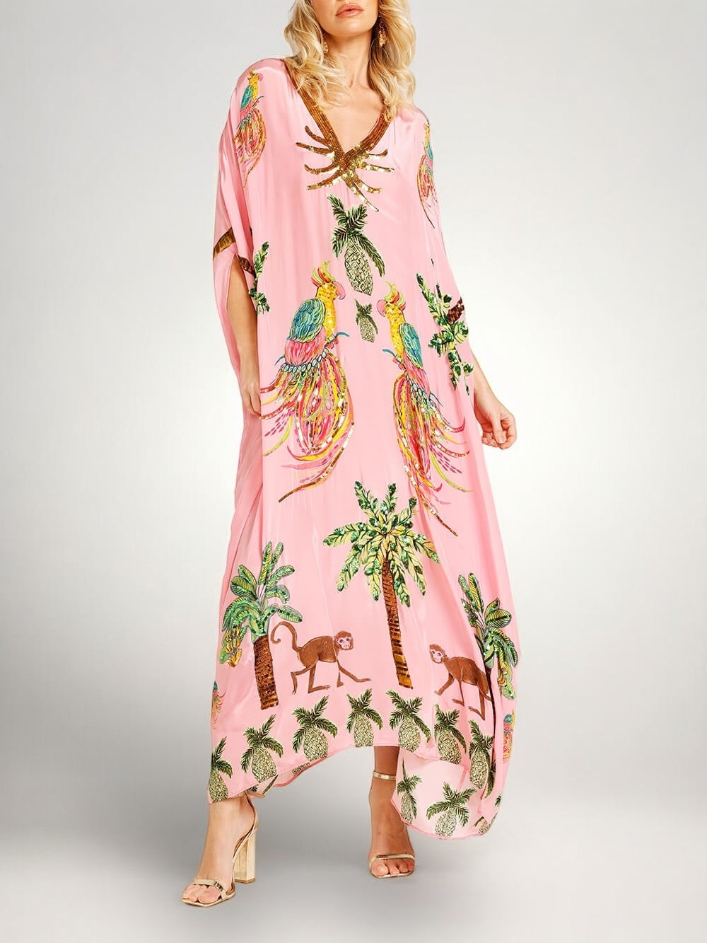 Women's Tropical Print Caftan Maxi Dress with Sequin V-Neck & Drop Shoulder Sleeves — Millie