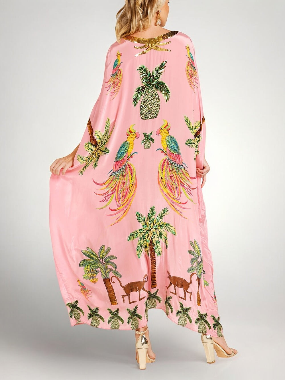 Women's Tropical Print Caftan Maxi Dress with Sequin V-Neck & Drop Shoulder Sleeves — Millie