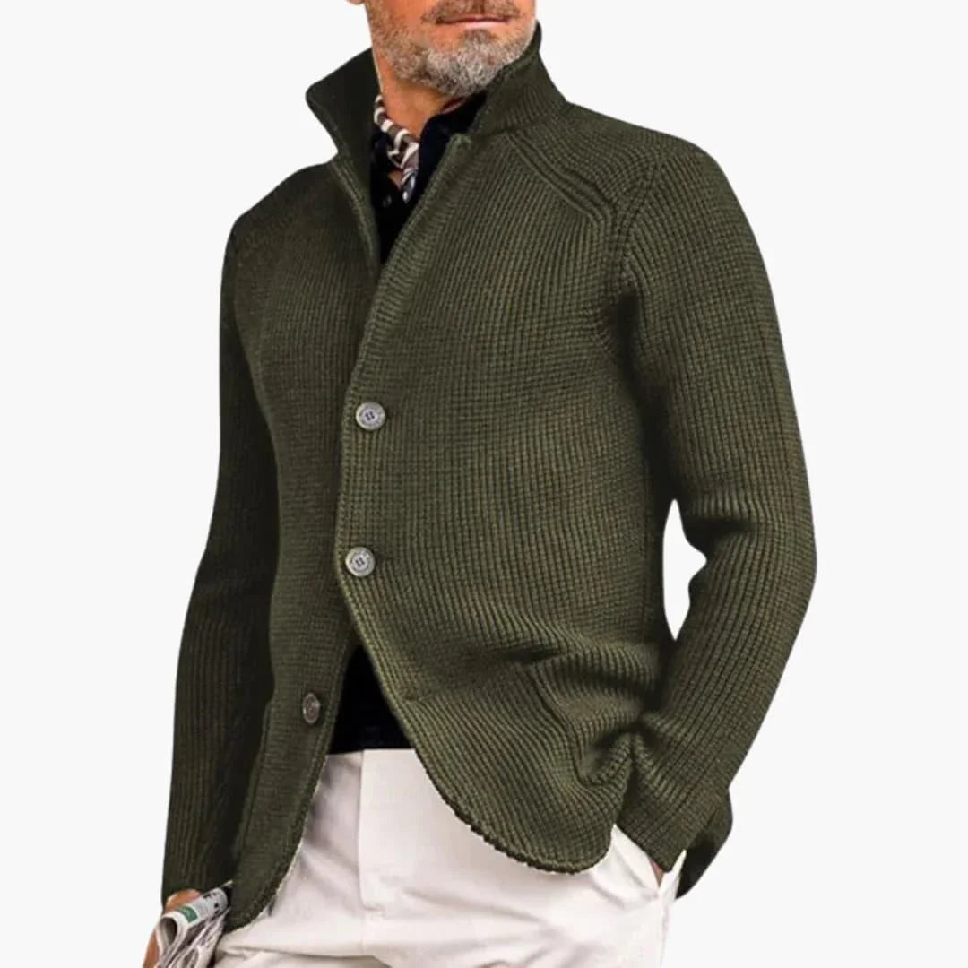 Army Green Men's Ribbed Knit Cardigan — Declan Relaxed-Fit Button-Front Stand Collar
