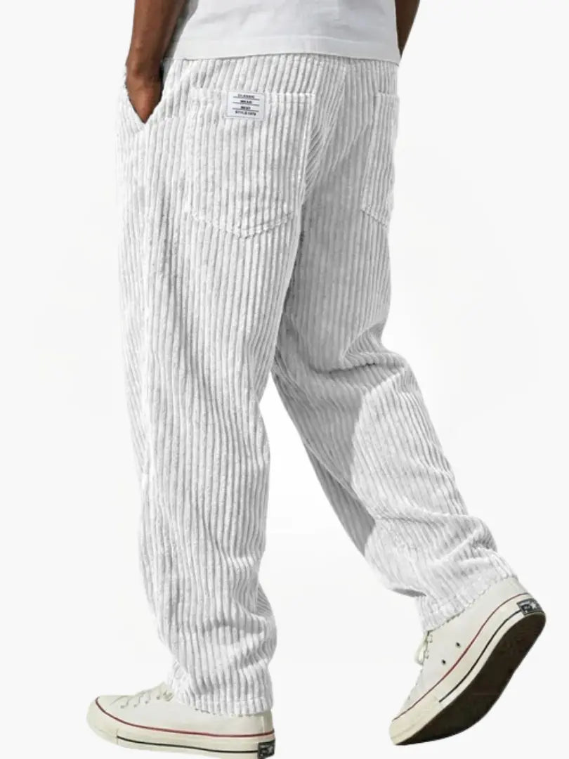 White Men's Relaxed Corduroy Pants with Adjustable Drawstring Waist & Back Pockets