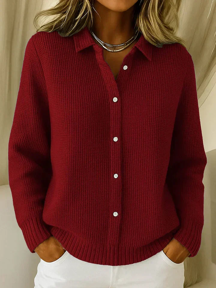 Dark Red Women's Collared Waffle Knit Cardigan — Shiloh Relaxed Button-Front Everyday