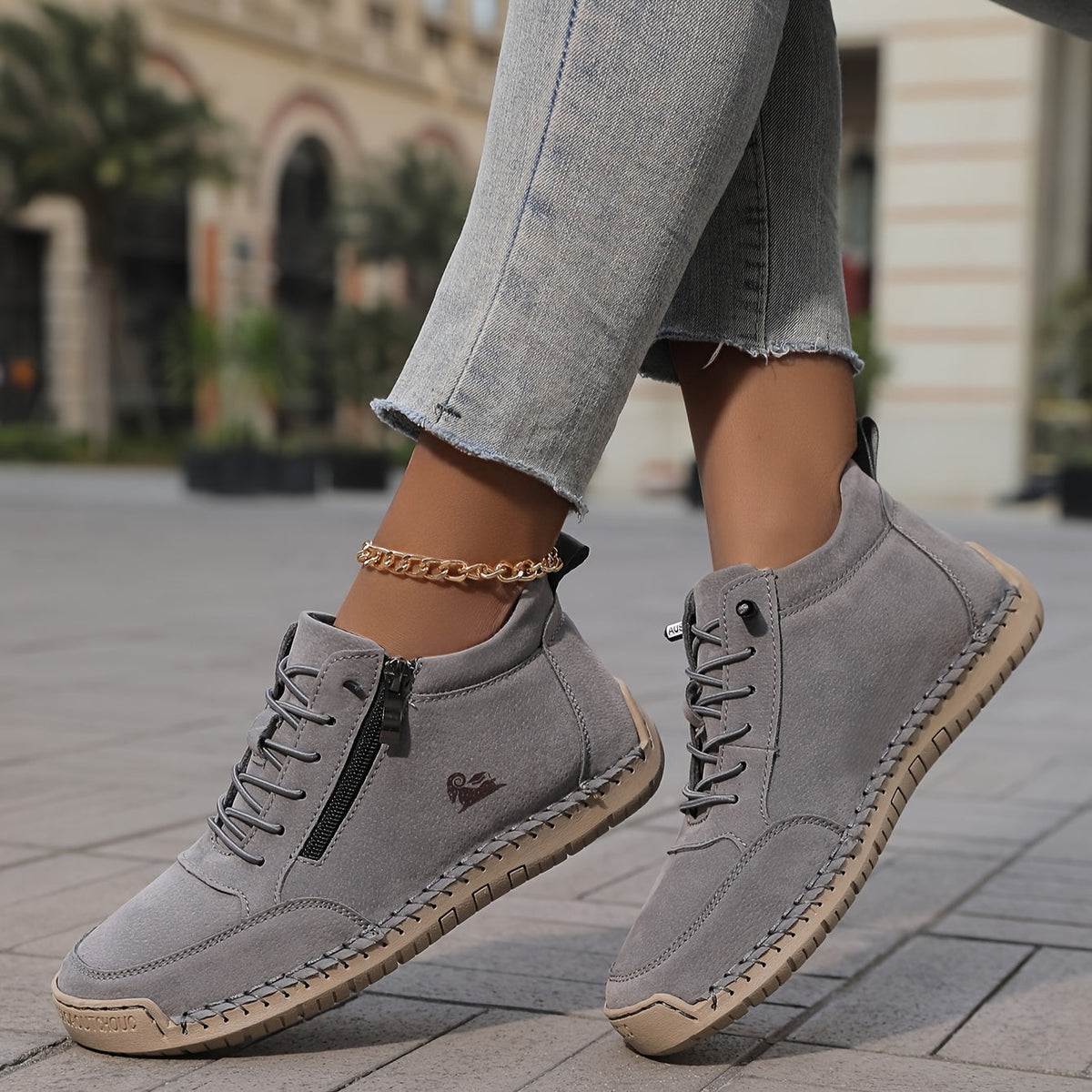 Gray Women's Orthopedic Comfort Shoes with Lace-Up Zipper Ankle Design