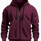 Burgundy Men's Hooded Jacket with Zip-Up Front & Multi-Pocket Design
