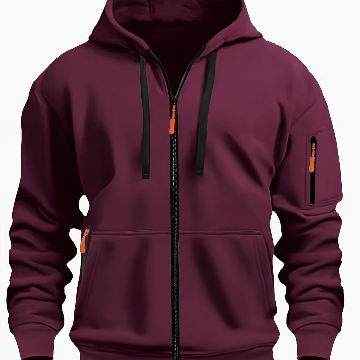 Burgundy Men's Hooded Jacket with Zip-Up Front & Multi-Pocket Design