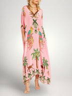 Women's Tropical Print Caftan Maxi Dress with Sequin V-Neck & Drop Shoulder Sleeves — Millie