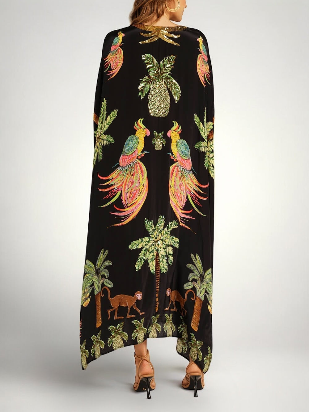 Women's Tropical Print Caftan Maxi Dress with Sequin V-Neck & Drop Shoulder Sleeves — Millie