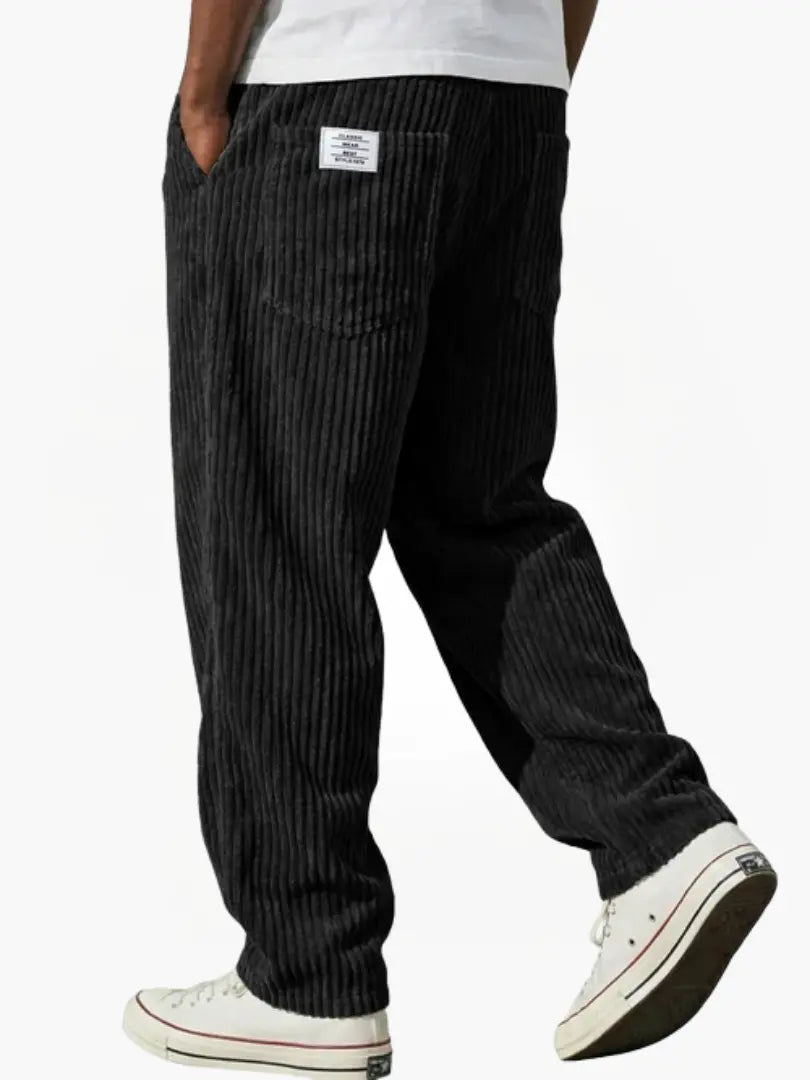 Black Men's Relaxed Corduroy Pants with Adjustable Drawstring Waist & Back Pockets