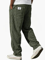 Green Men's Relaxed Corduroy Pants with Adjustable Drawstring Waist & Back Pockets