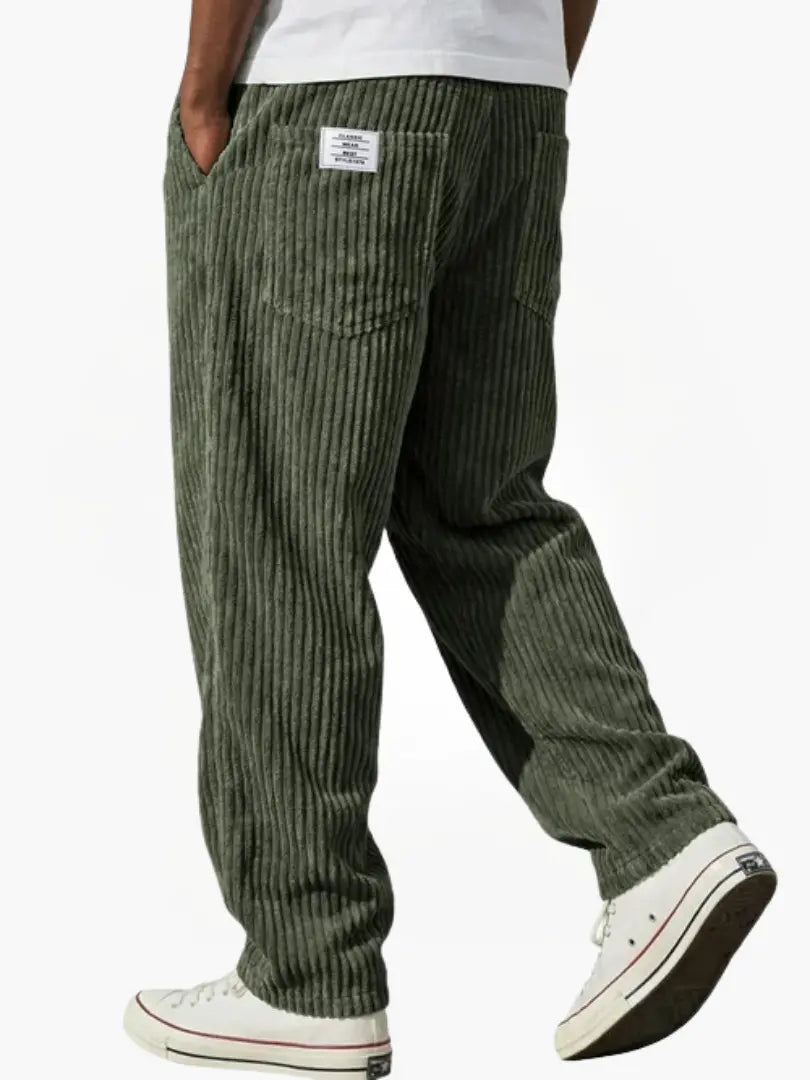 Green Men's Relaxed Corduroy Pants with Adjustable Drawstring Waist & Back Pockets