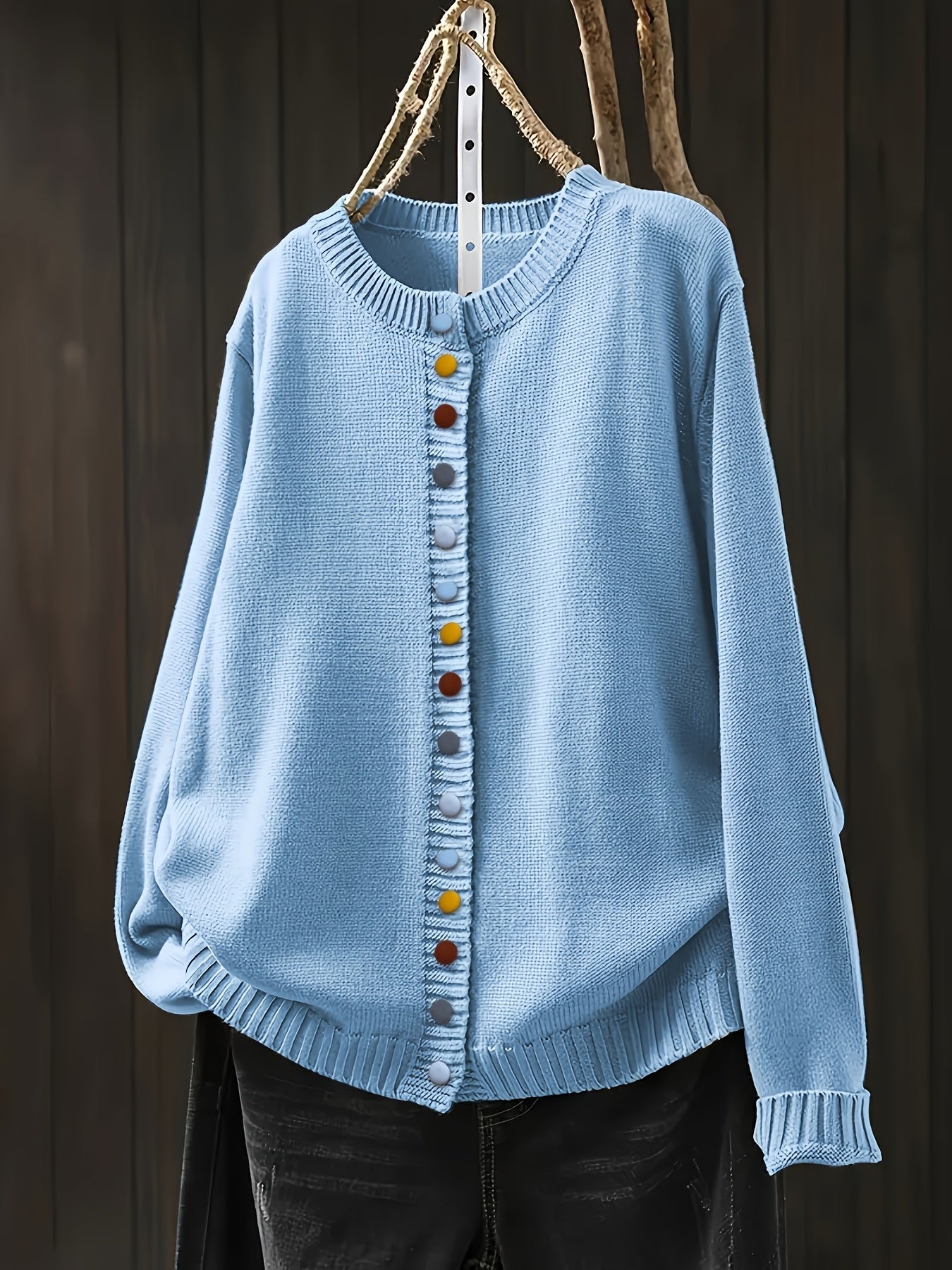 Light Blue Women's Colorful Knit Cardigan — Nola Button-Front Crew Neck Oversized
