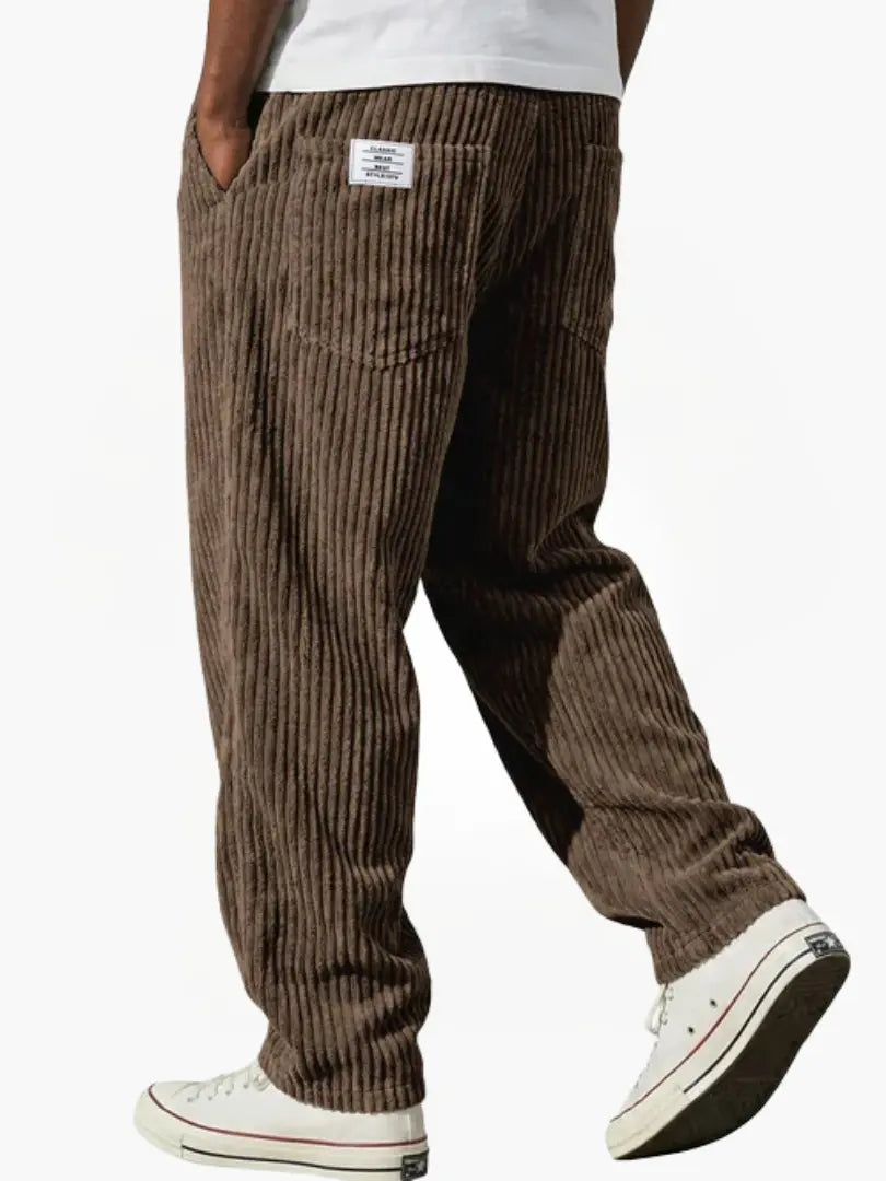 Brown Men's Relaxed Corduroy Pants with Adjustable Drawstring Waist & Back Pockets