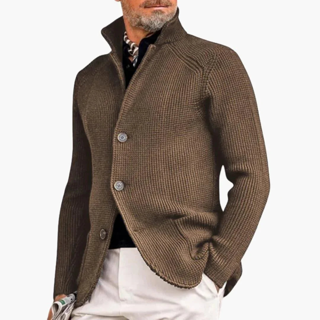 Khaki Men's Ribbed Knit Cardigan — Declan Relaxed-Fit Button-Front Stand Collar