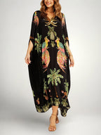 Women's Tropical Print Caftan Maxi Dress with Sequin V-Neck & Drop Shoulder Sleeves — Millie