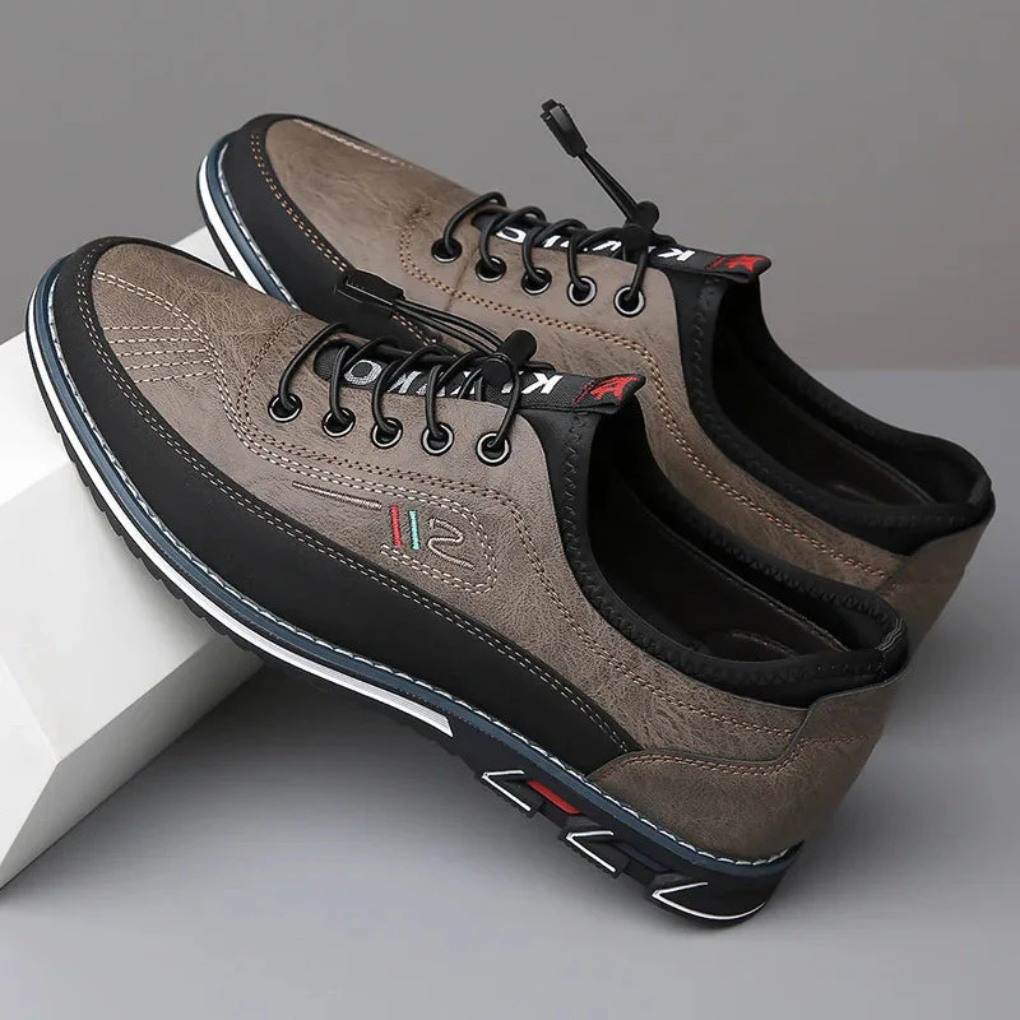 Khaki Men's Leather Oxford Shoes — Alfie Lace-Up Cushioned Slip-Resistant