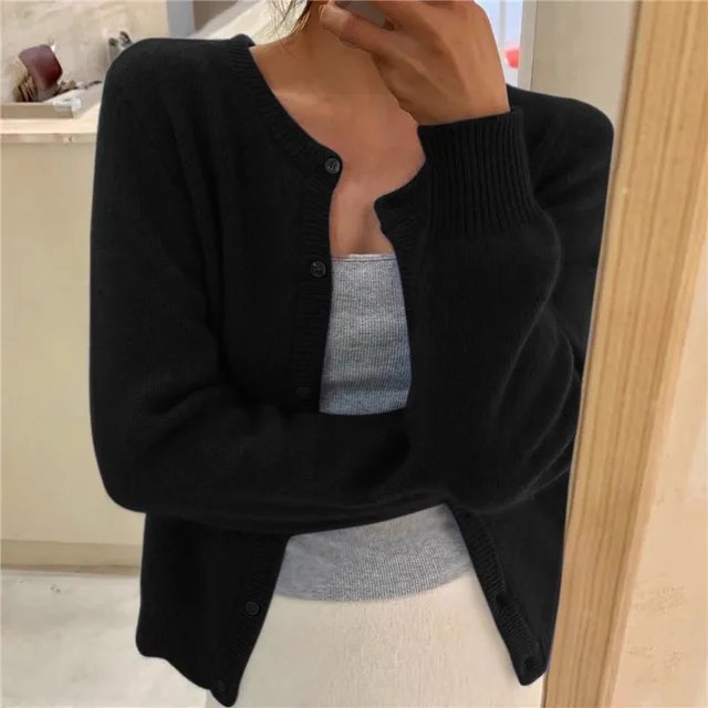 Women's Crew Neck Knit Cardigan with Button Front & Long Sleeves — Elise