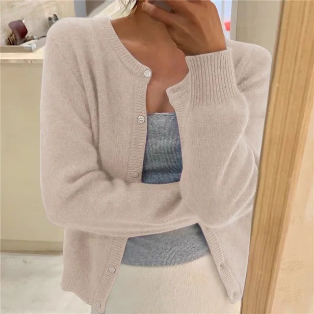Women's Crew Neck Knit Cardigan with Button Front & Long Sleeves — Elise