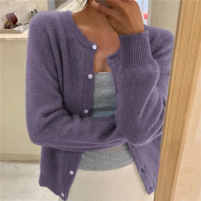 Women's Crew Neck Knit Cardigan with Button Front & Long Sleeves — Elise