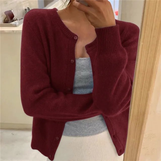 Women's Crew Neck Knit Cardigan with Button Front & Long Sleeves — Elise